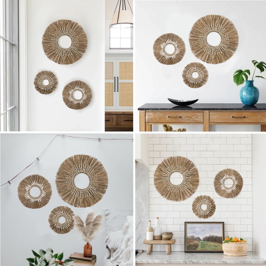 Seagrass Fan with Mirror Wall Décor (Set of 3)