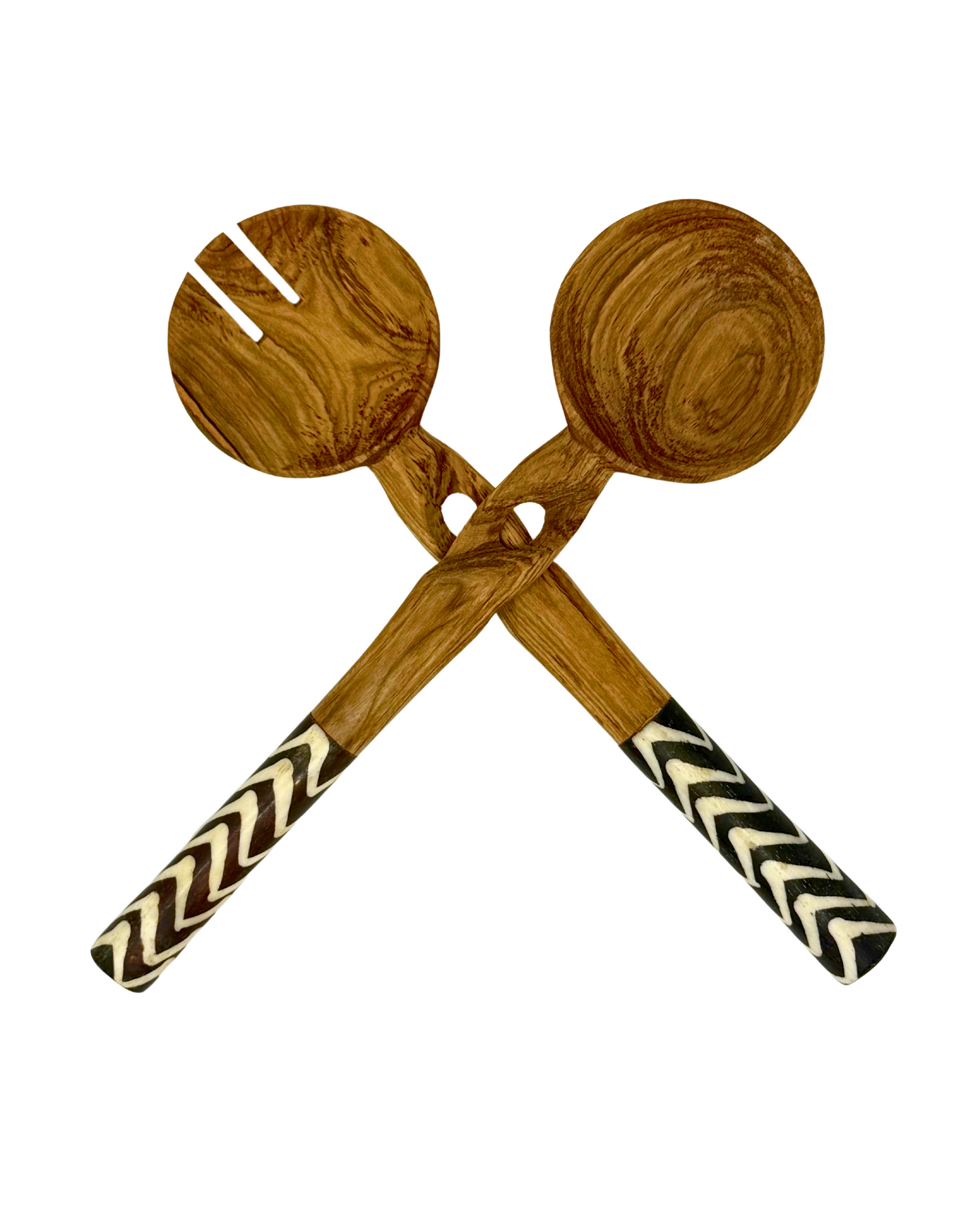 Twisted Batik Dark Brown Olive Wood Salad Server (Set of 2)