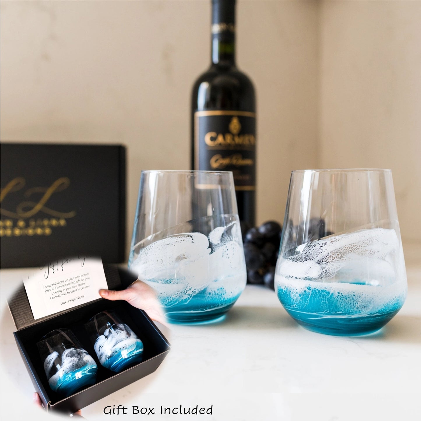 Ocean Blue Deep Sky Resin Coated Stemless Wine Glasses (Set of 2)
