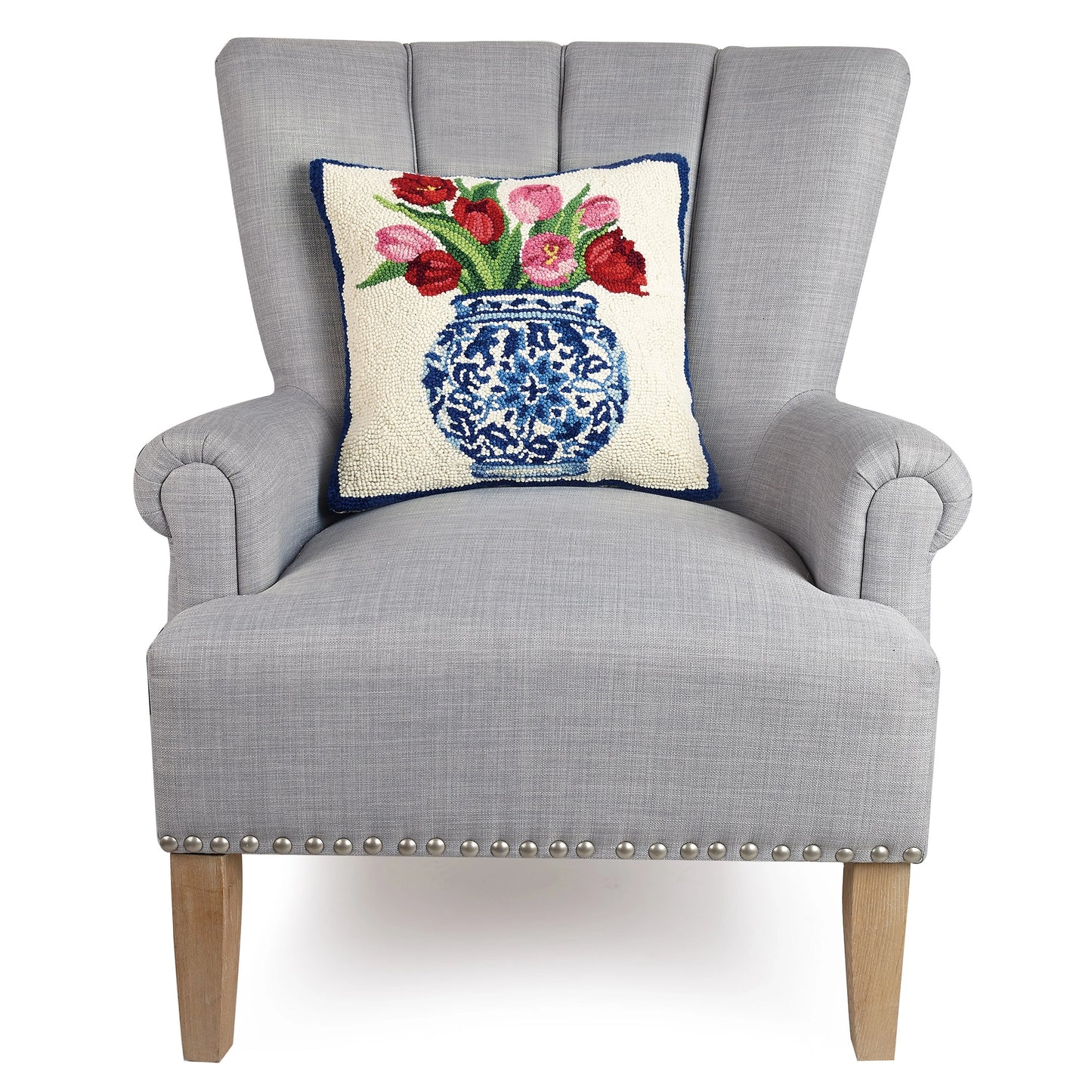 Chinoiserie Tulips Vase Wool Hook Pillow (16"x16")