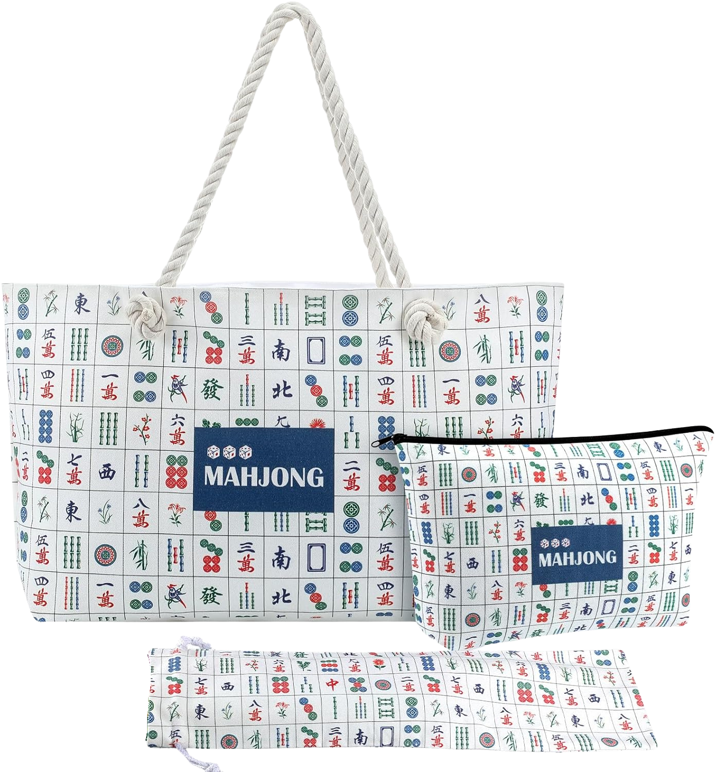 3-Piece Mahjong Tile Print Travel Tote Set with Rack & Pusher Sleeves and Tile Pouch