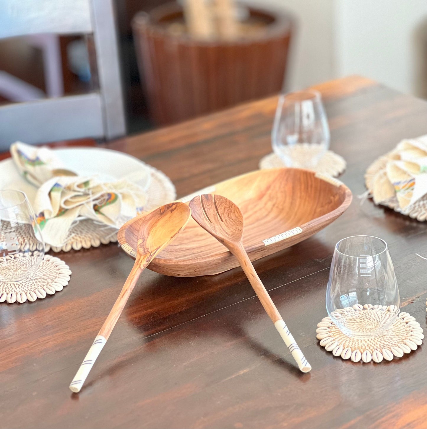 Wild Olive Wood Bowl with Striped Bone Inlay
