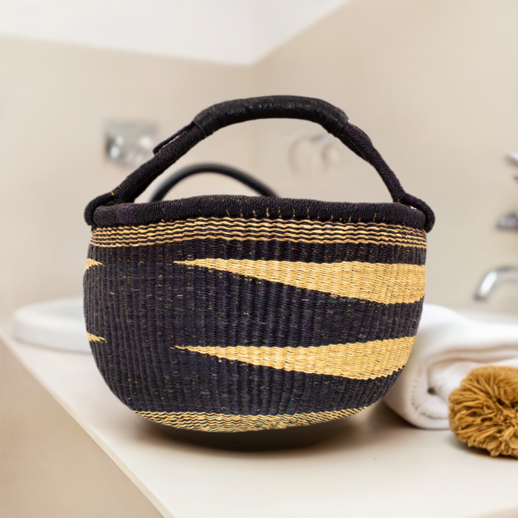 African Leather Handle Stripe Bolga Market Basket