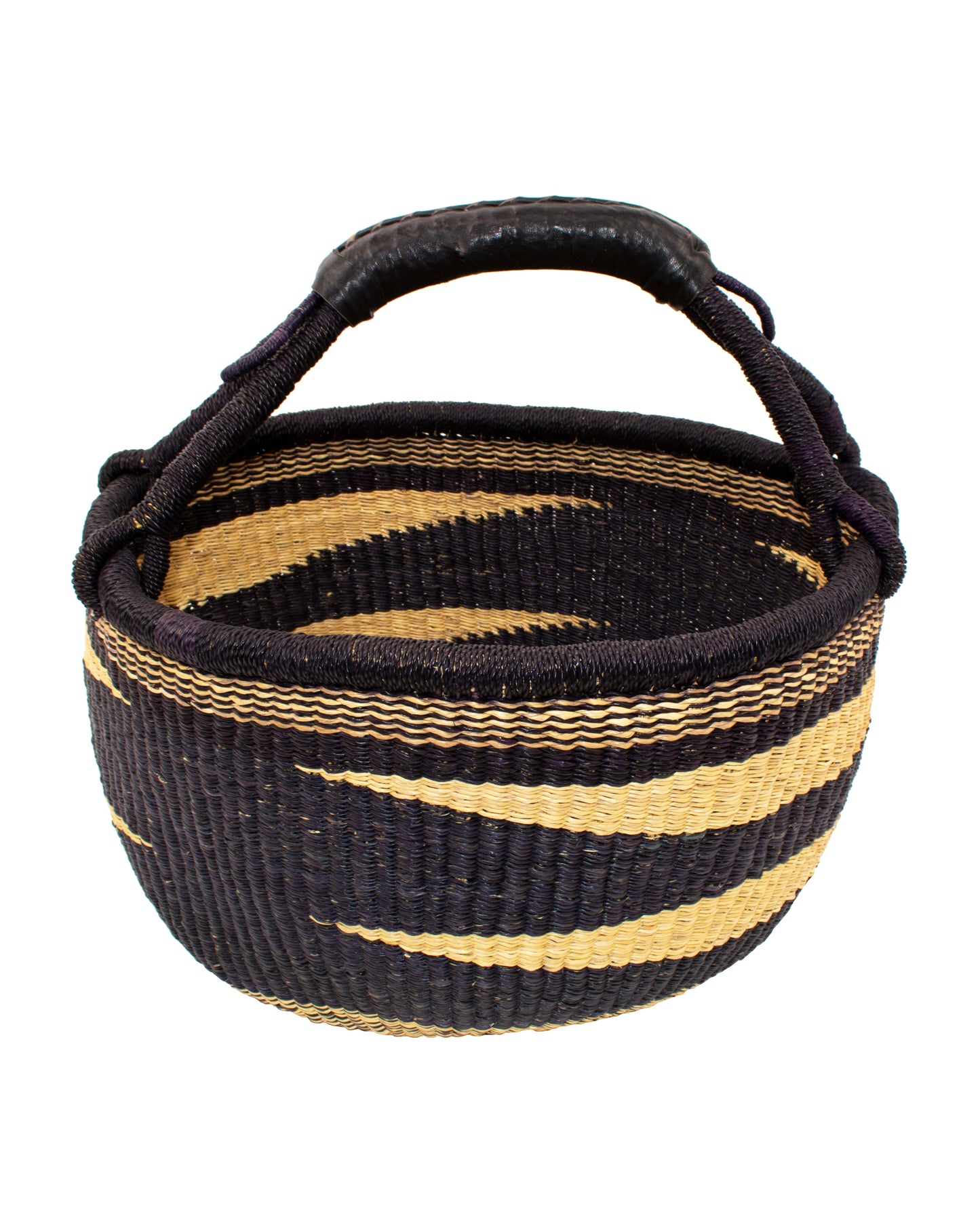 African Leather Handle Stripe Bolga Market Basket