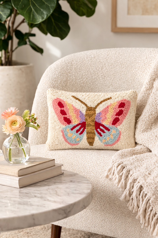 Butterfly Wool Hooked Pillow (12" x 8")