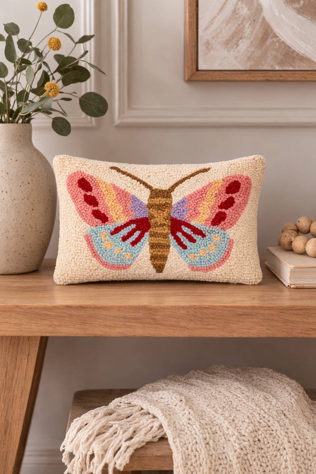 Butterfly Wool Hooked Pillow (12" x 8")