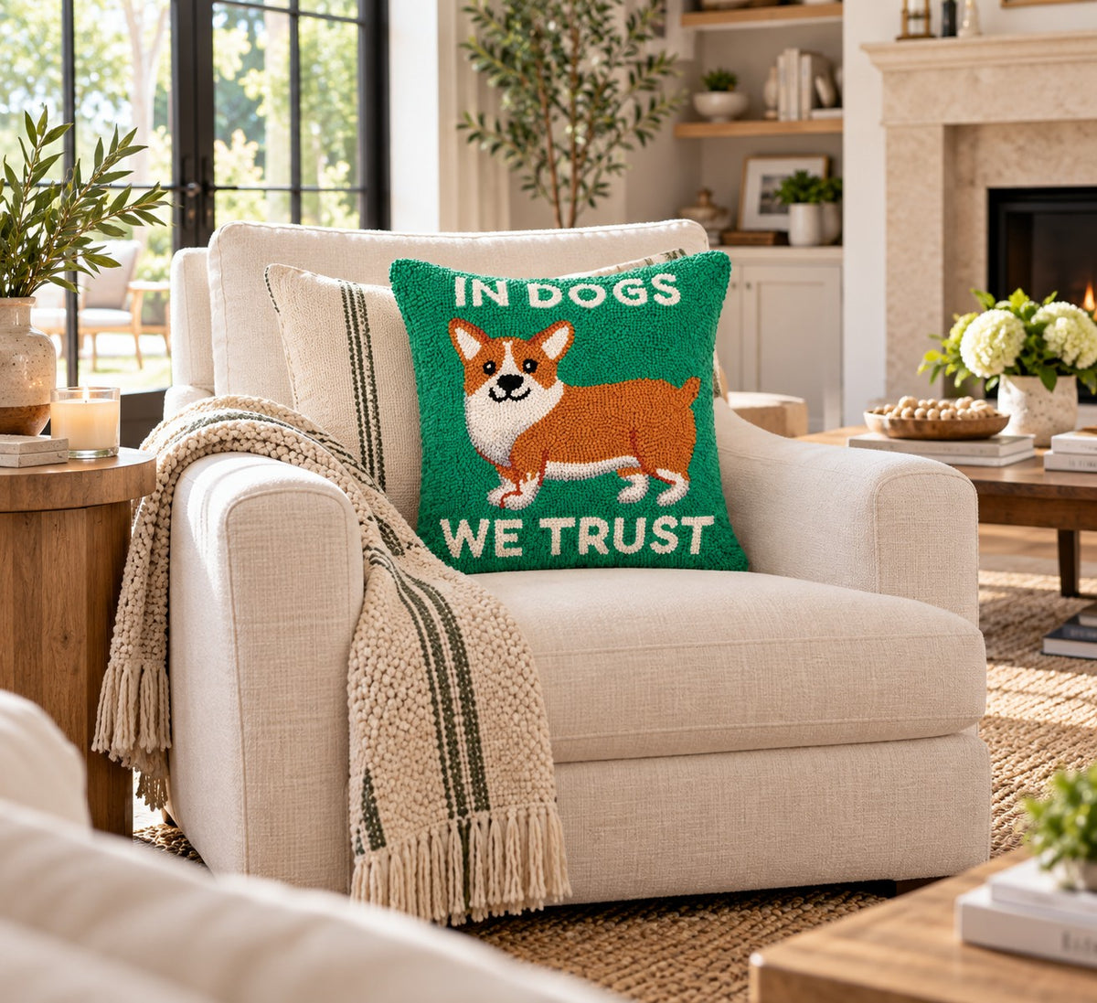 In Dogs We Trust Corgi Hook Pillow (16"x16")