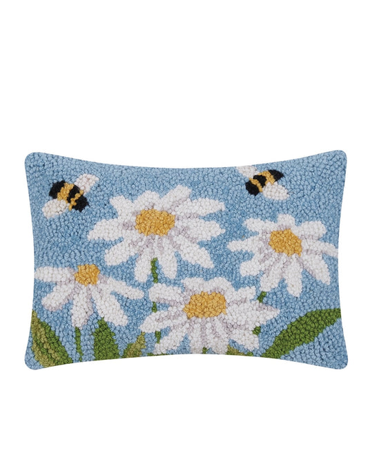 Daisies & Bees Wool Hooked Pillow (12" x 8")