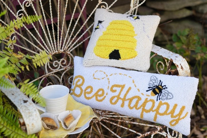 Bee Happy Wool Hooked Pillow (20" x 8")