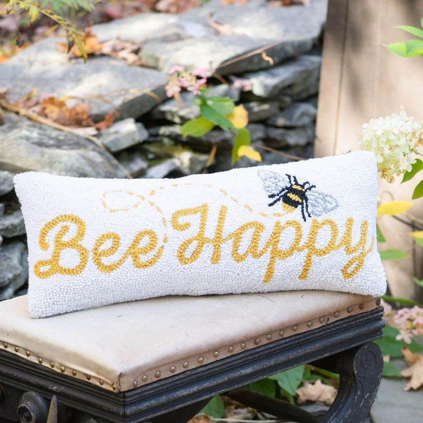 Bee Happy Wool Hooked Pillow (20" x 8")