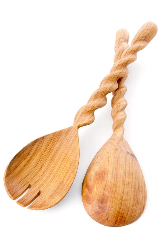 Kenyan Wild Olive Wood Spiral Salad Server Set (Set of 2)