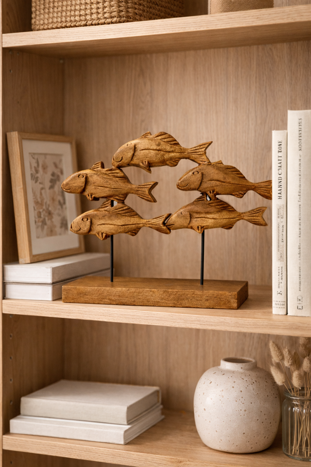 Wood Fish School Tabletop Sculpture
