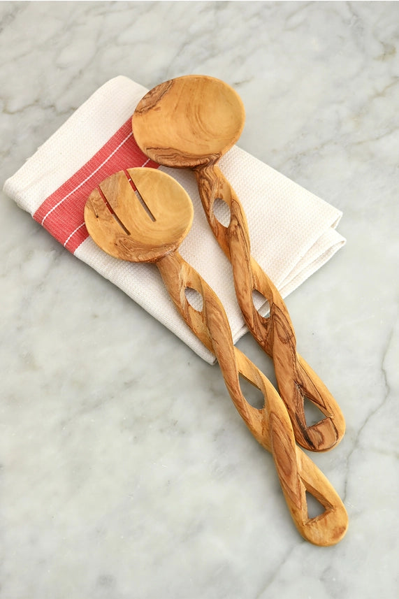 Almasi Twisted Olive Wood Salad Server (Set of 2)