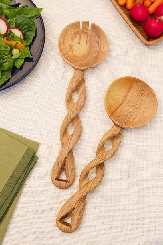 Almasi Twisted Olive Wood Salad Server (Set of 2)