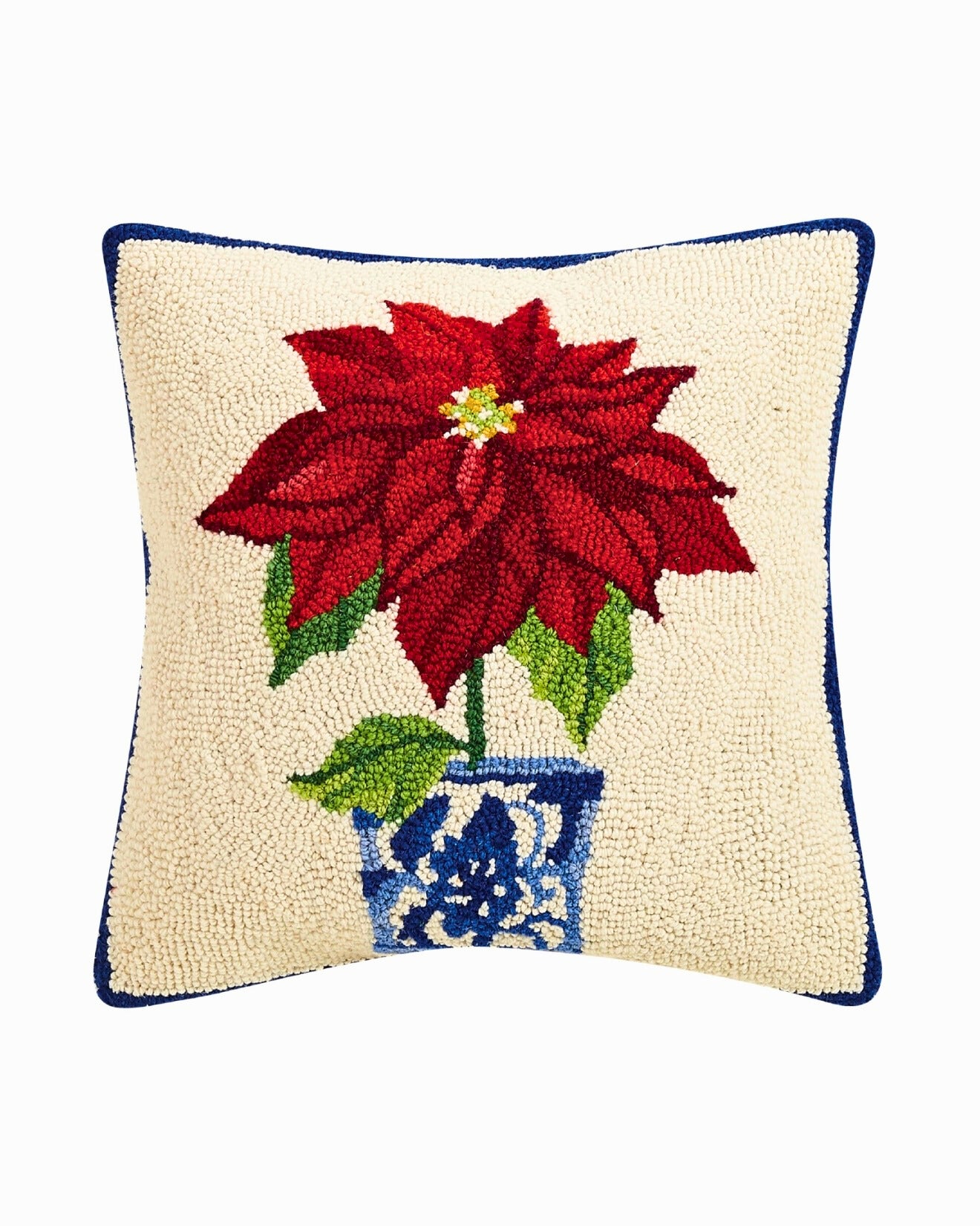 Chinoiserie Poinsettia Wool Hooked Pillow (16x16)