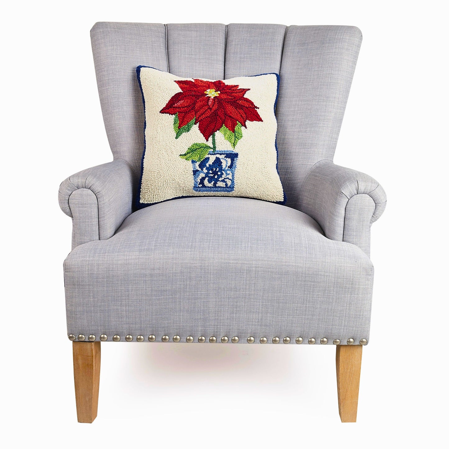 Chinoiserie Poinsettia Wool Hooked Pillow (16x16)