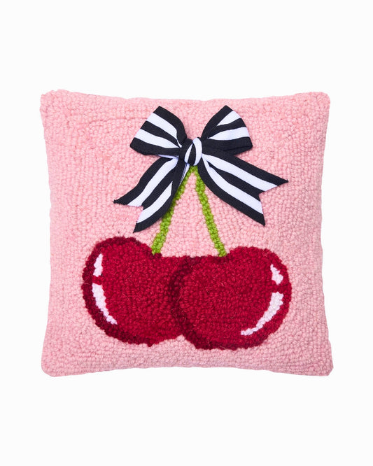 Ribbon Cherries Wool Hooked Pillow (10x10)