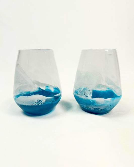 Ocean Blue Deep Sky Resin Coated Stemless Wine Glasses (Set of 2)