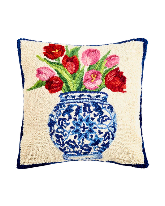 Chinoiserie Tulips Vase Wool Hook Pillow (16"x16")