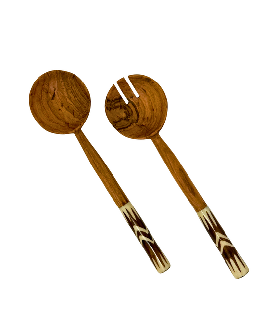 African Batik Olive Wood Salad Server (Set of 2)