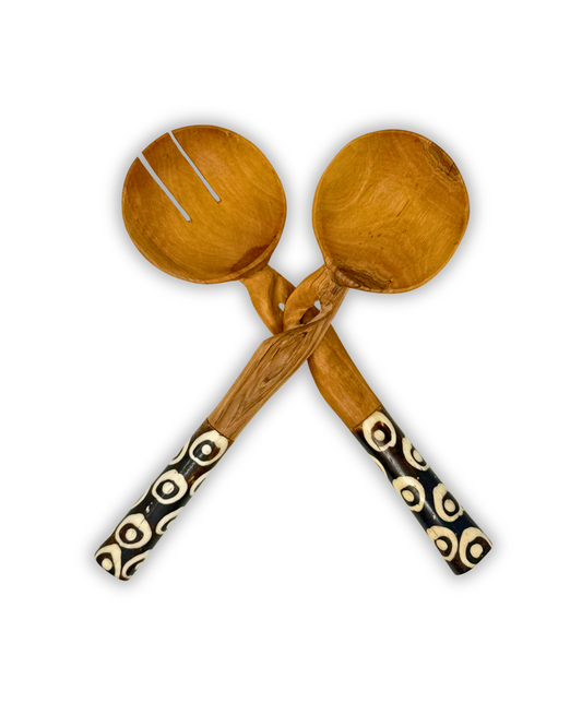 Twisted Swirl Batik Olive Wood Salad Server (Set of 2)