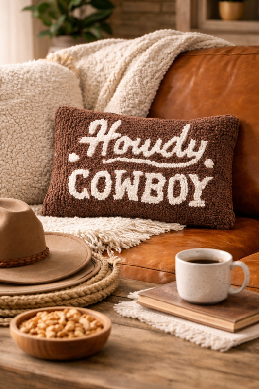 Howdy Cowboy Wool Hook Pillow (12"x8")