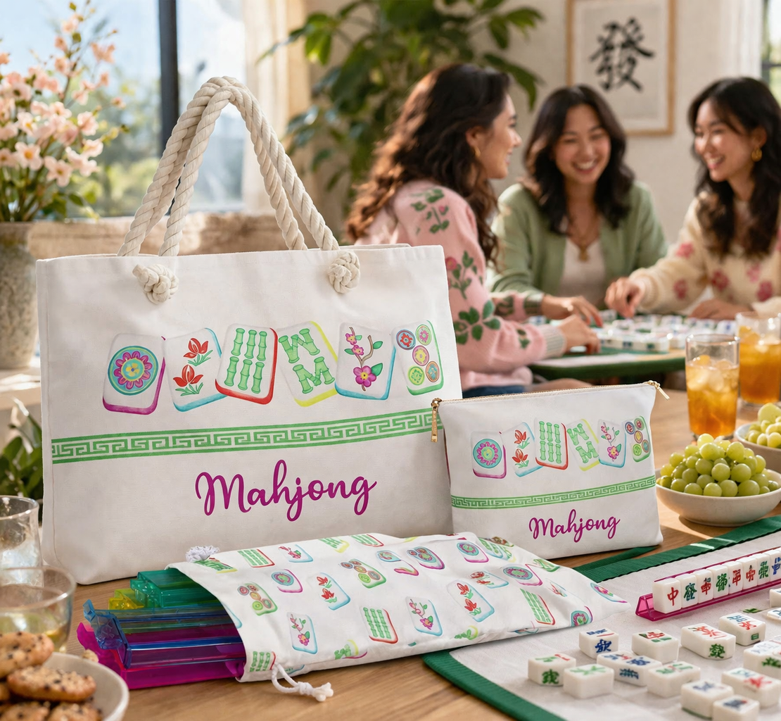 3-Piece Mahjong Travel Tote Set with Rack & Pusher Sleeves and Tile Pouch