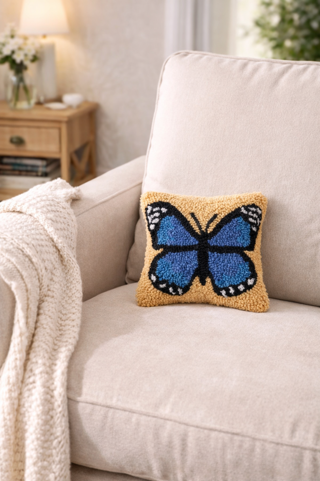 Blue Butterfly Hooked Pillow (8"x8")
