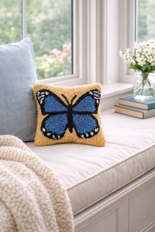 Blue Butterfly Hooked Pillow (8"x8")