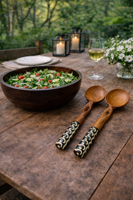 African  Batik Twisted Olive Wood Salad Server (Set of 2)