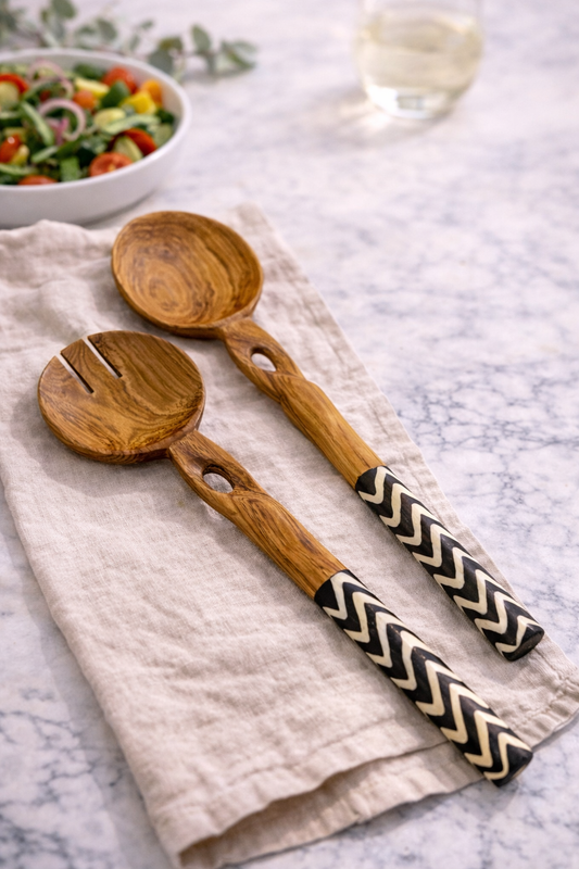 Twisted Batik Dark Brown Olive Wood Salad Server (Set of 2)