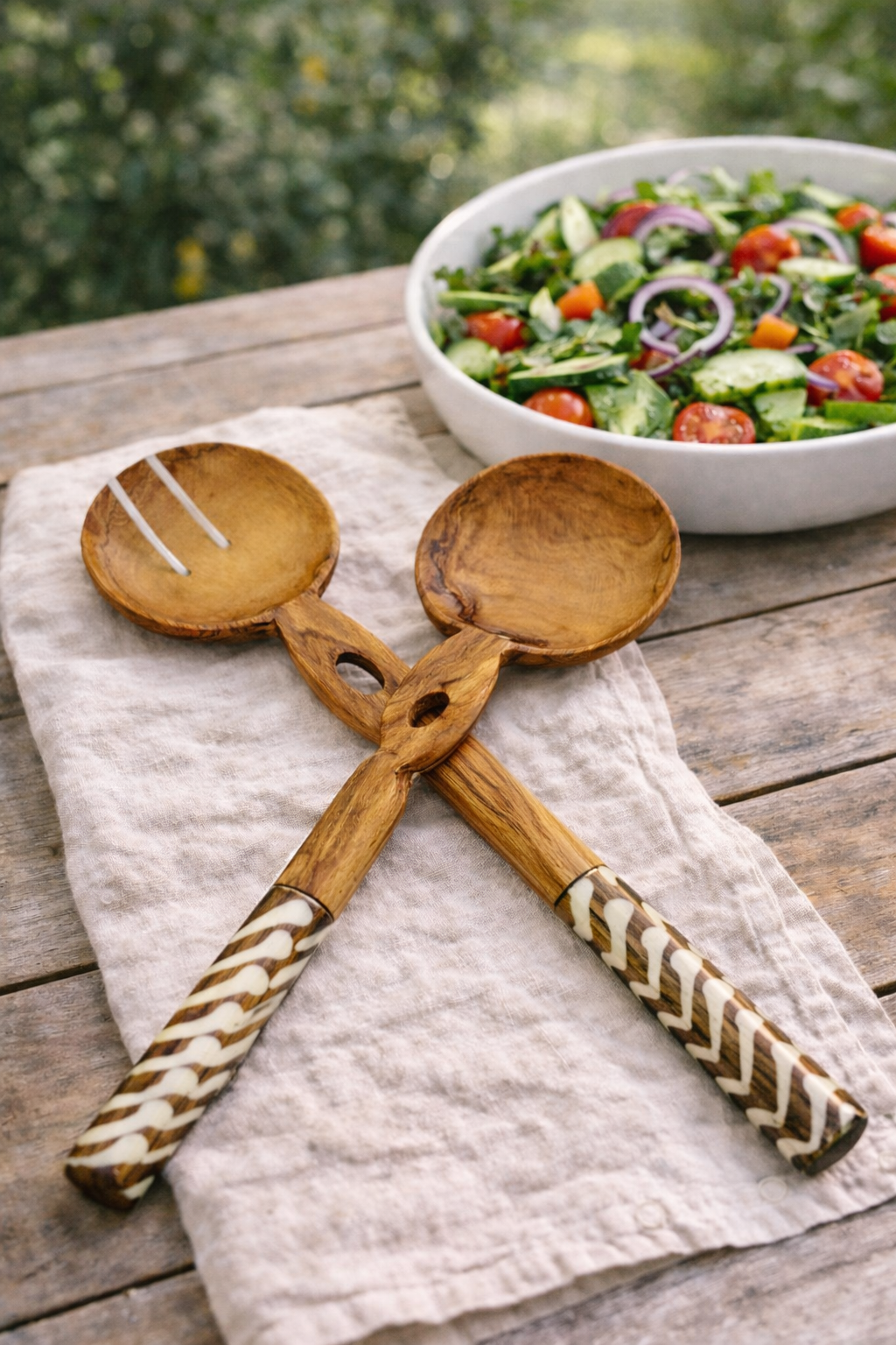 Twisted Batik Light Brown Olive Wood Salad Server (Set of 2)