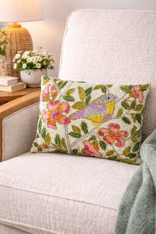 Sparrow Floral Beaded Pillow (12x16)