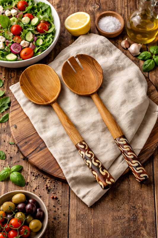 African Teardrop Olive Wood Salad Server (Set of 2)