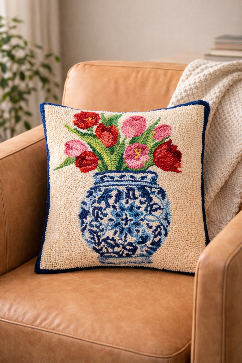 Chinoiserie Tulips Vase Wool Hook Pillow (16"x16")