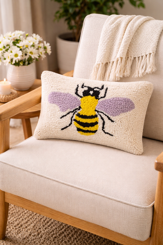 Bee Wool Hooked Pillow (12" x 8")