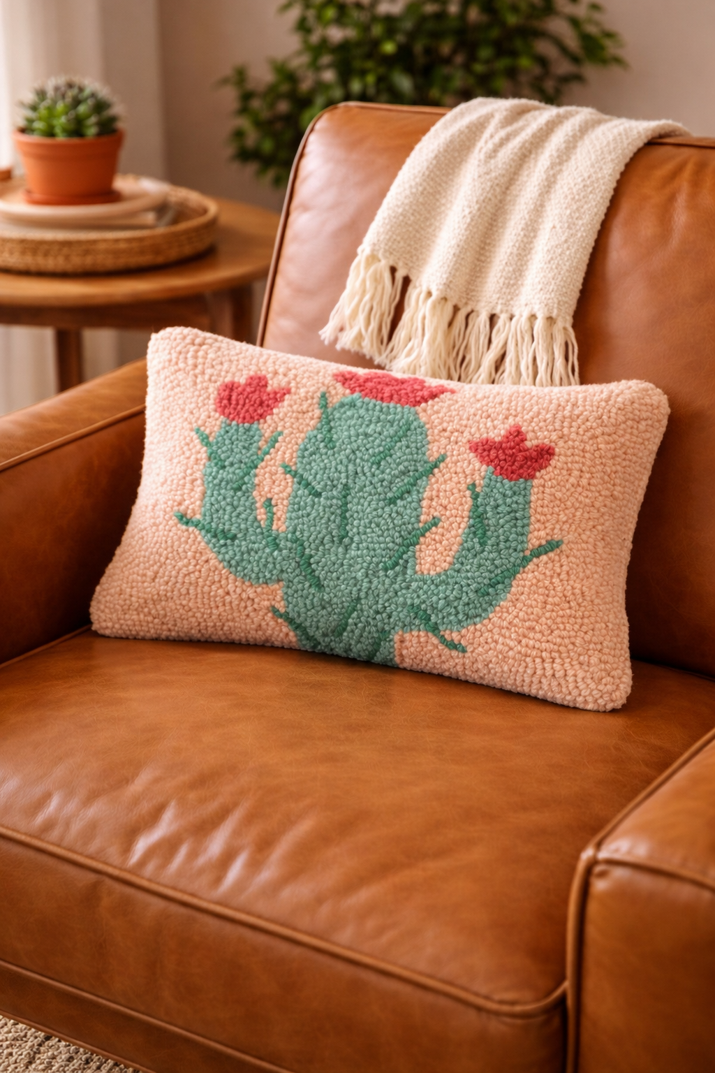 Cactus Wool Hooked Pillow (12" x 8")