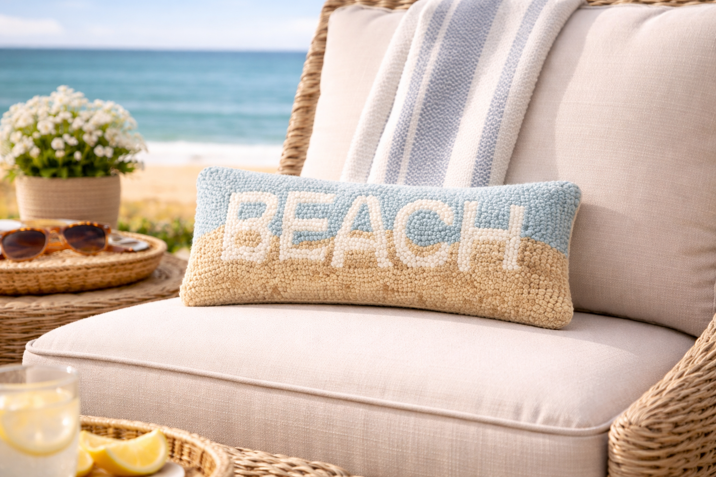 Beach Wool Hooked Pillow (12" x 5")