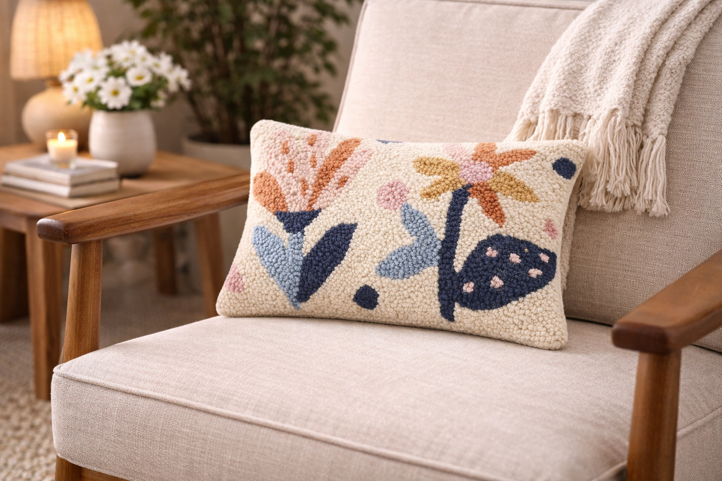 Abstract Flowers Wool Hooked Pillow (12"x8")