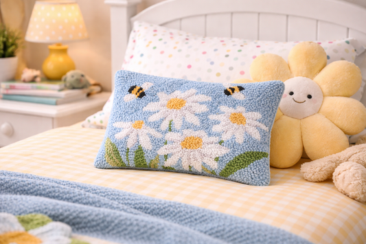 Daisies & Bees Wool Hooked Pillow (12" x 8")