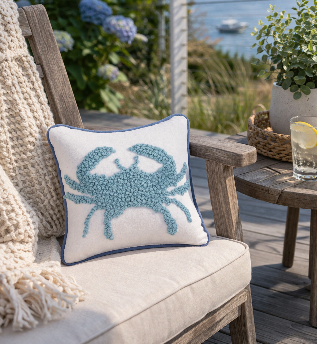 Coastal Crab Hooked Pillow (8"x8")