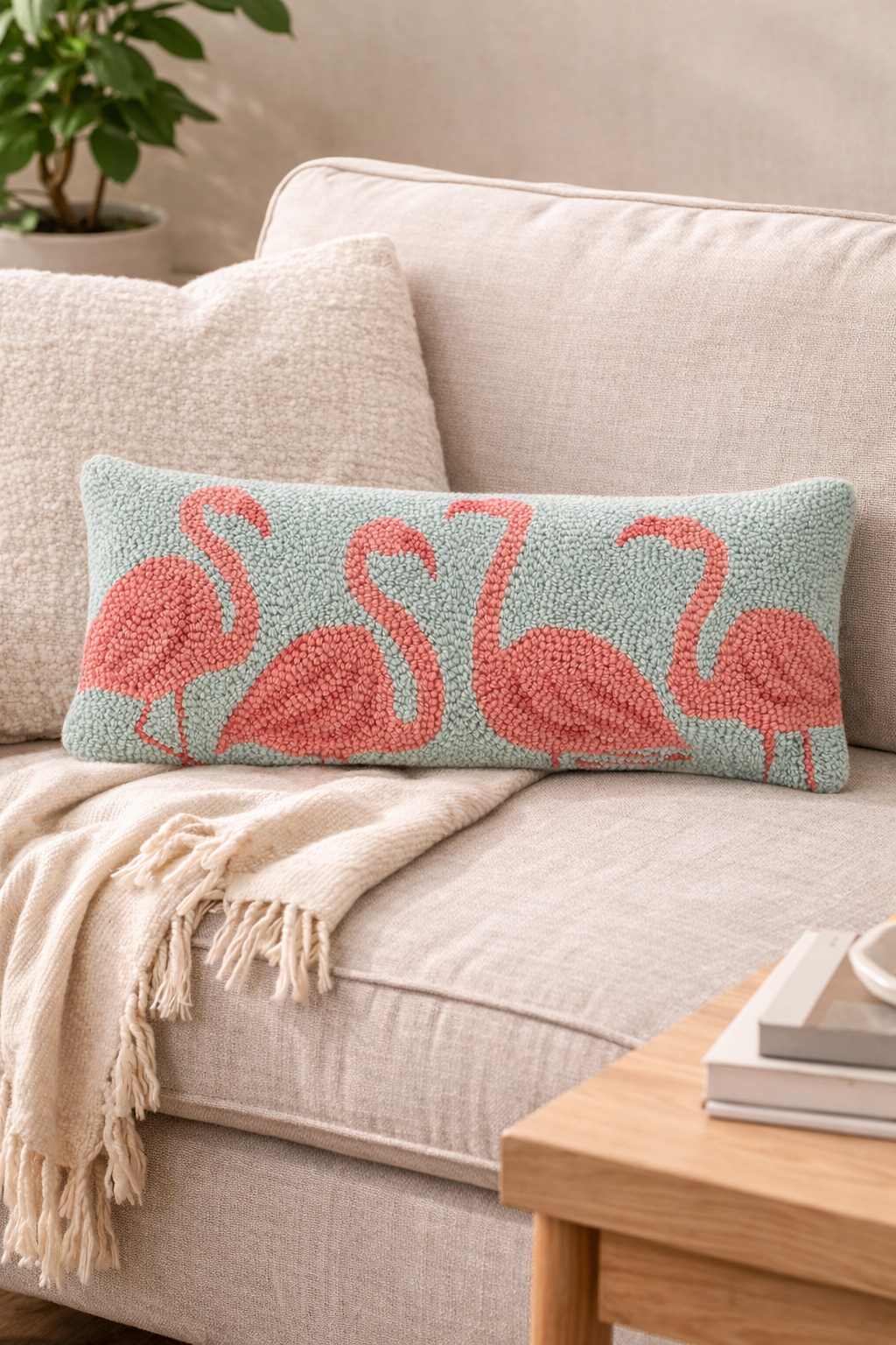 Flamingo's Wool Hooked Pillow (20"x8")