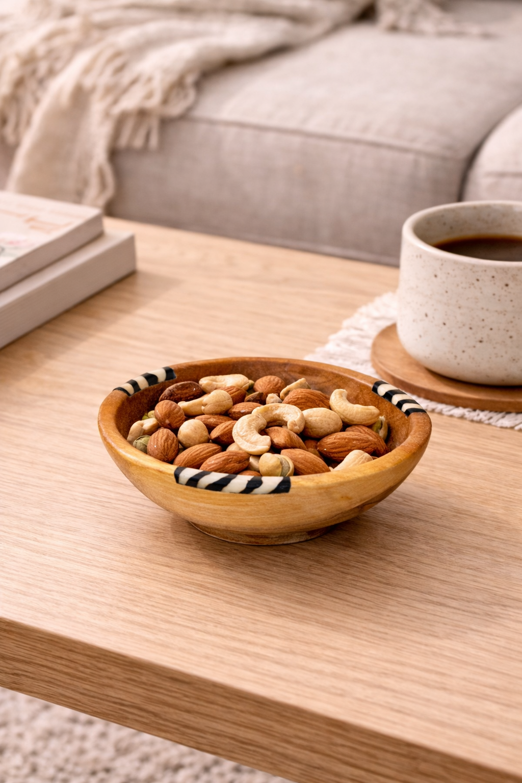 Olive Wood Bowl with Batik Stripe Bone Inlay