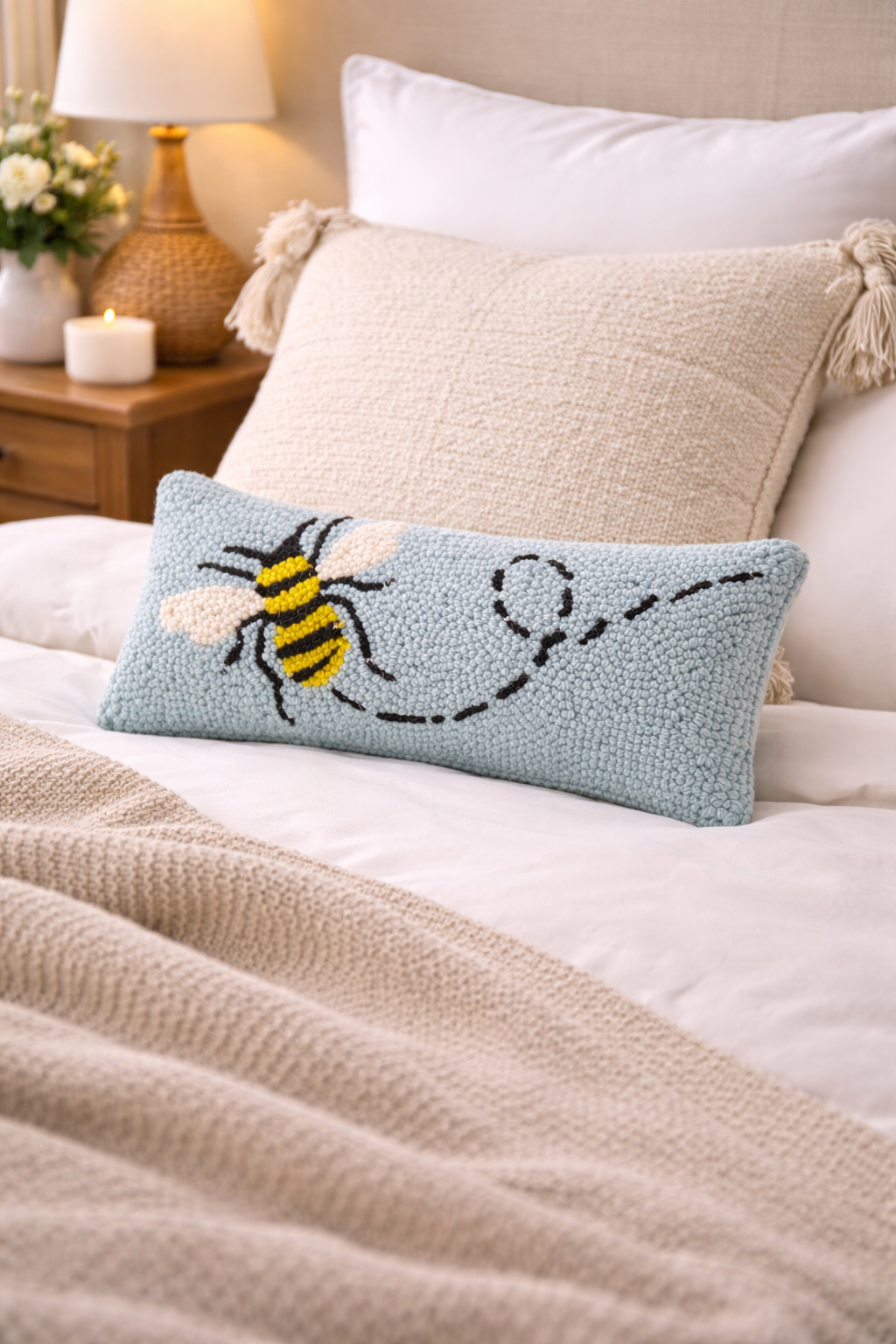 Buzzing Bee Wool Hooked Pillow (12" x 5")