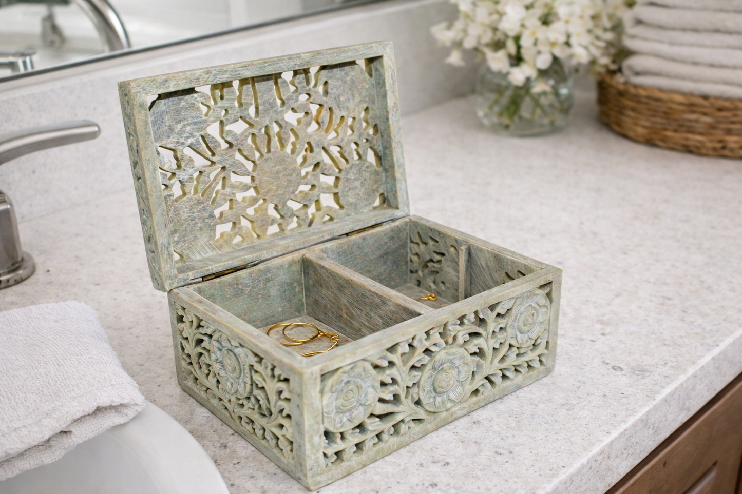 White Roses Soapstone Jewelry Box