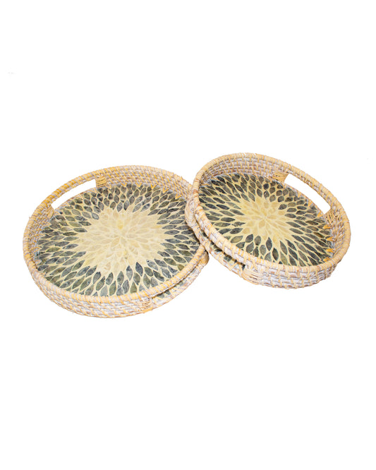 Round Rattan Tray With Nacre Base (Set of 2)