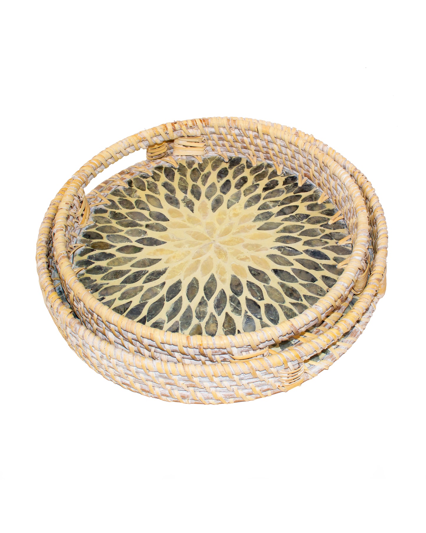 Round Rattan Tray With Nacre Base (Set of 2)