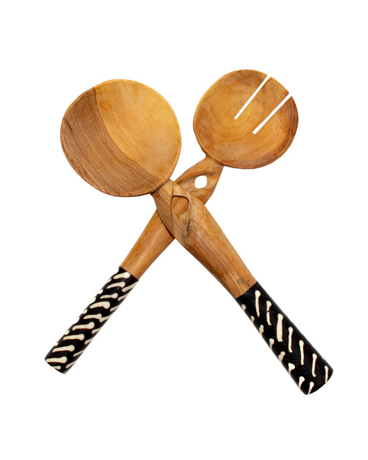 Olive Wood Stripe Batik Inlay Accent Salad Server (Set of 2)